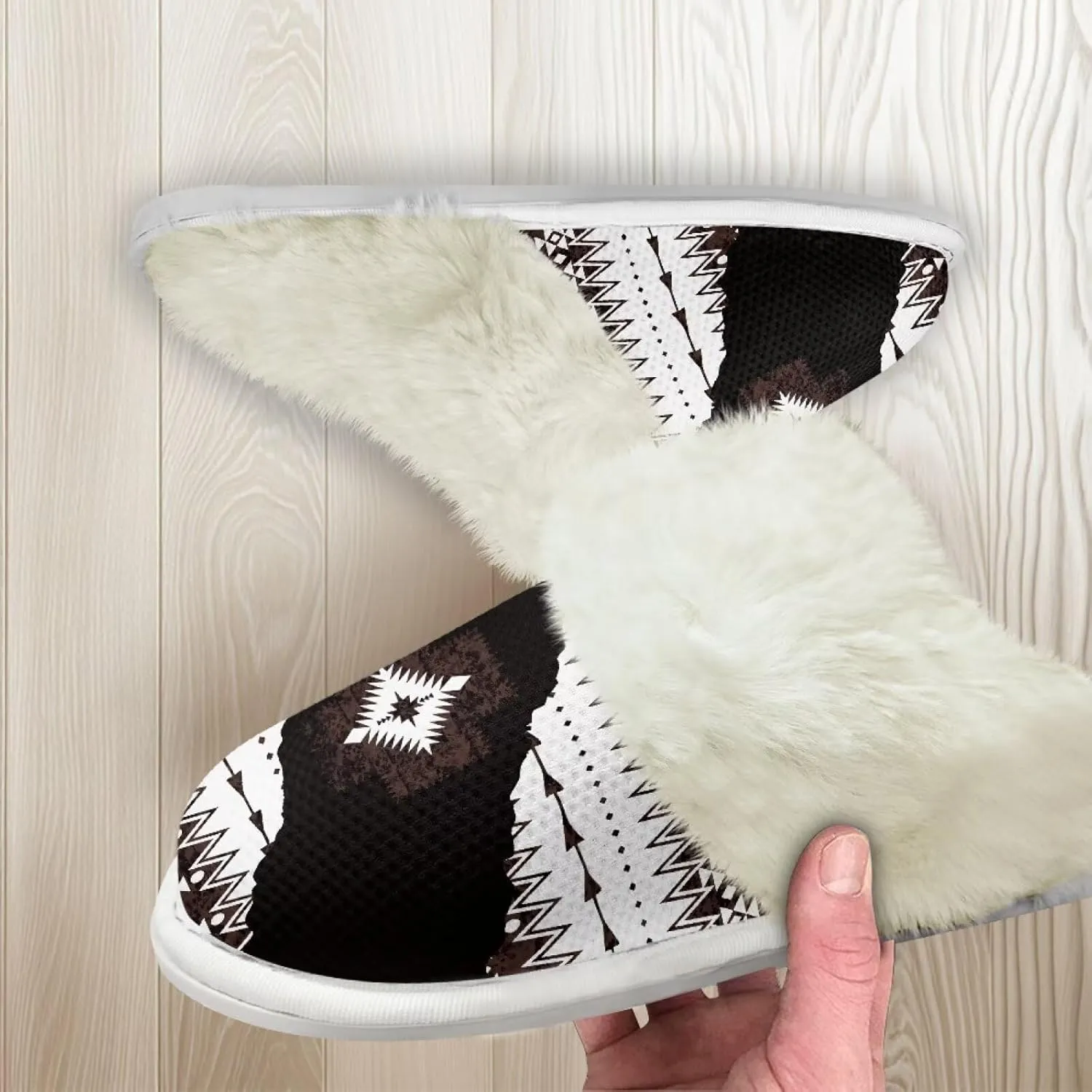 Howilath Western Aztec Fuzzy Slippers Women Warm House Shoes with Anti-Skid Sole Plush Slippers