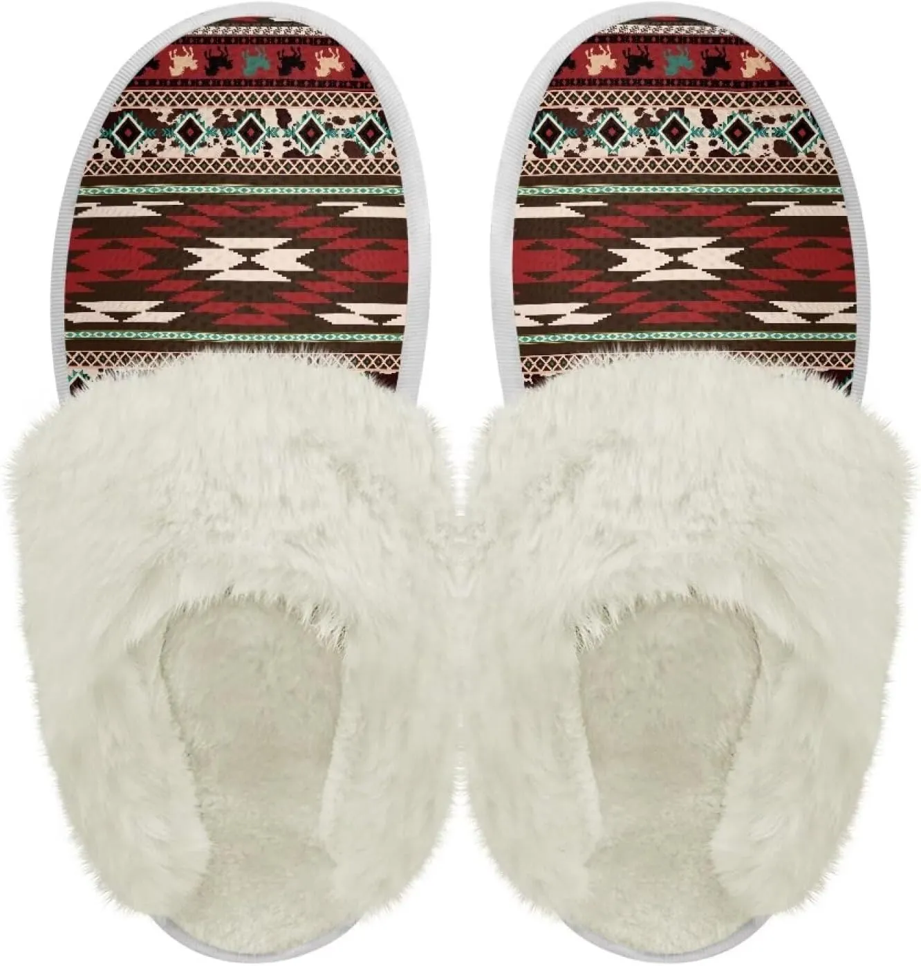 Howilath Western Aztec Fuzzy Slippers Women Warm House Shoes with Anti-Skid Sole Plush Slippers
