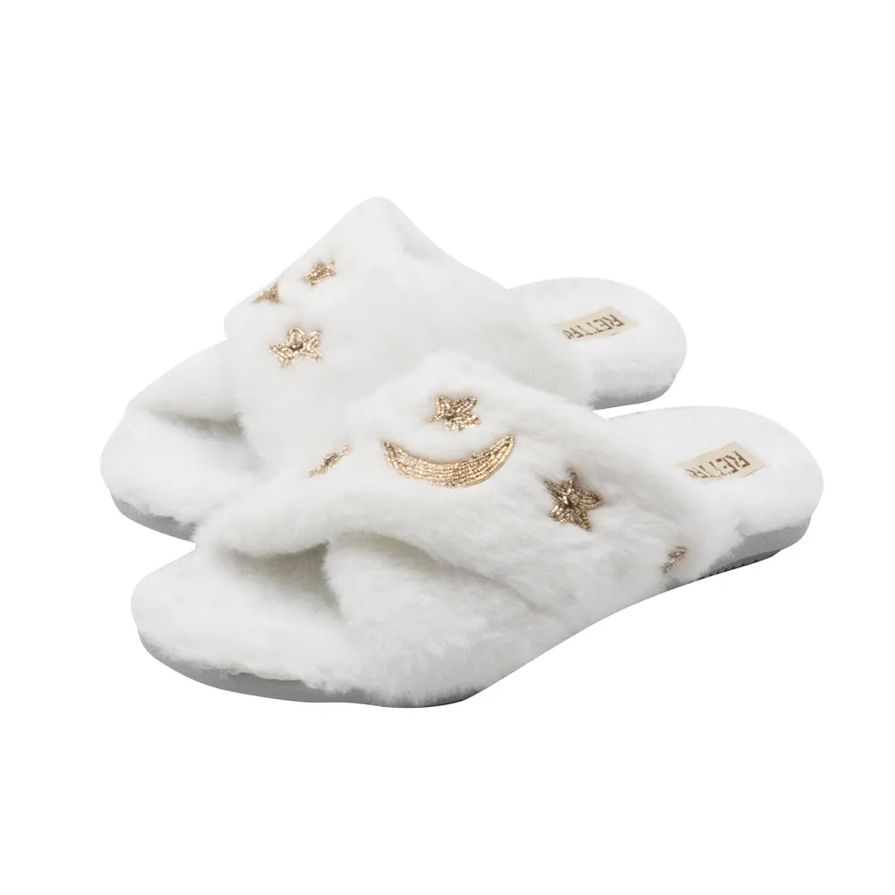 Isabel Cream Luxury Plush Diamanté Embellished Handmade Slipper