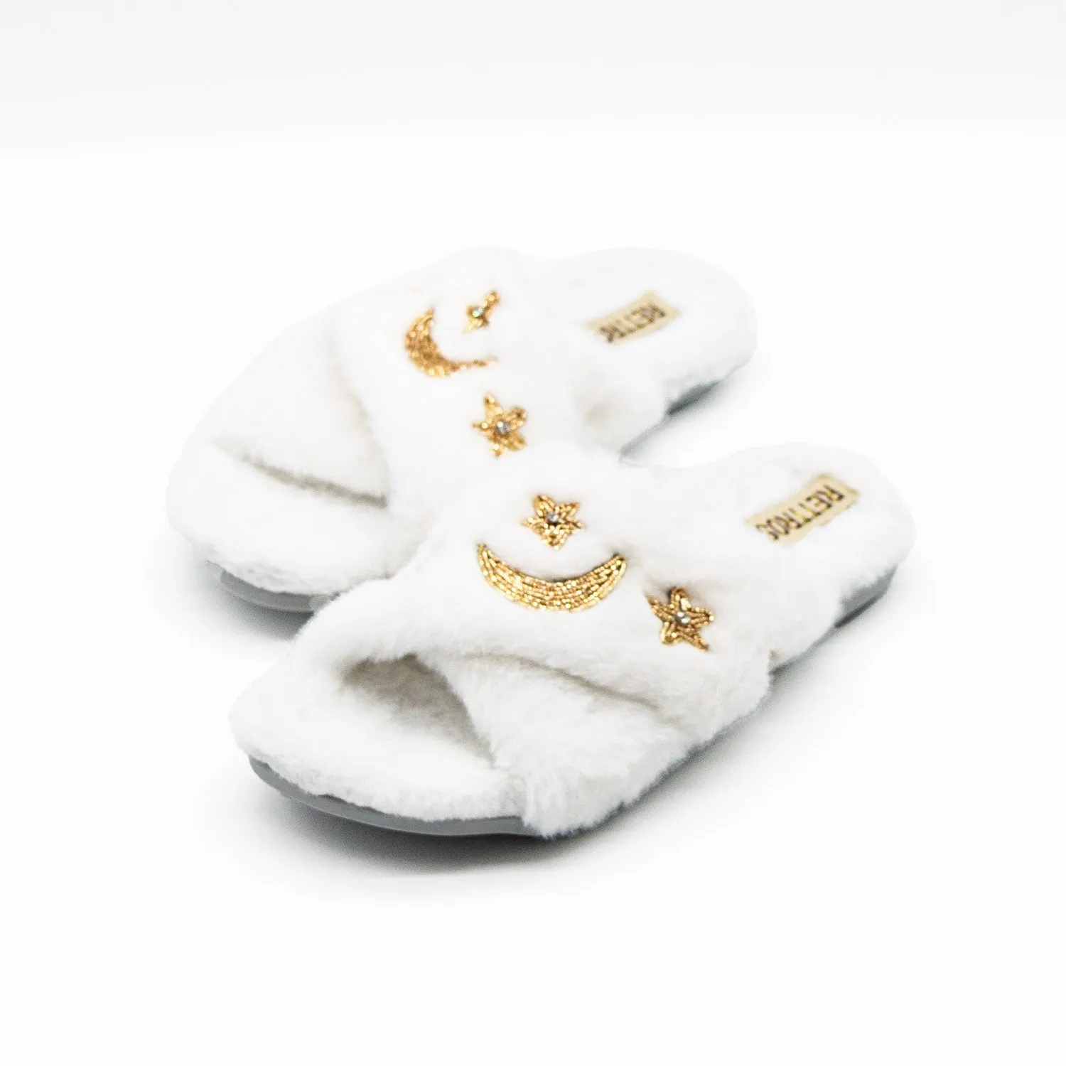 Isabel Cream Luxury Plush Diamanté Embellished Handmade Slipper