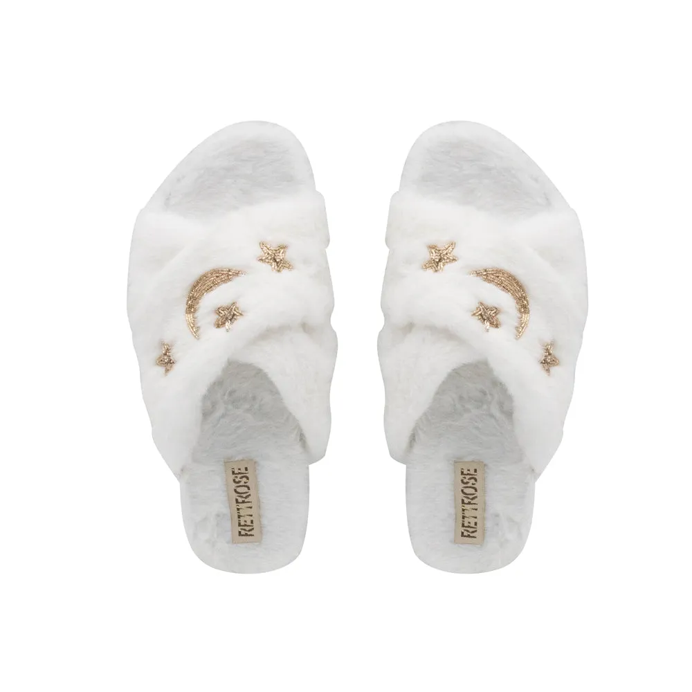 Isabel Cream Luxury Plush Diamanté Embellished Handmade Slipper