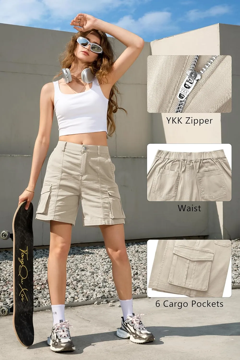 IVIR Bermuda Cargo Shorts for Women Knee Length 6 Pockets Elastic Waist Long Shorts for Summer Casual