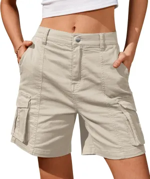 IVIR Bermuda Cargo Shorts for Women Knee Length 6 Pockets Elastic Waist Long Shorts for Summer Casual
