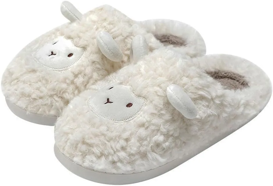 JadeRich Women's Cute Animal Slippers Winter Warm Fuzzy Plush House Slipper Cartoon Sheep Indoor Shoes