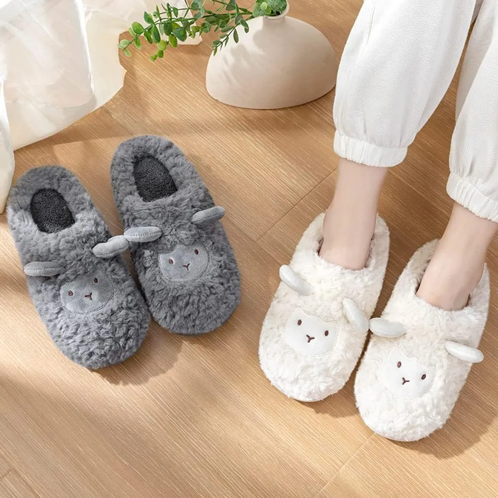 JadeRich Women's Cute Animal Slippers Winter Warm Fuzzy Plush House Slipper Cartoon Sheep Indoor Shoes