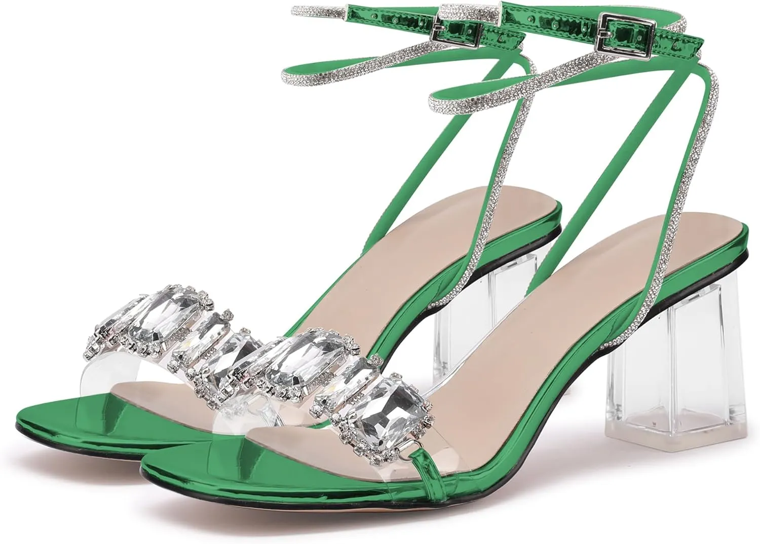 JANSEVEN Women Rhinestone Clear Sandals Crystal Transparent Heels Chunky Block Heel Mid Heel Sparkling silver Sandal with Ankle Strap Square Toe Sandals Dress Shoes Wedding Shoes 2.5 Inches Size 5