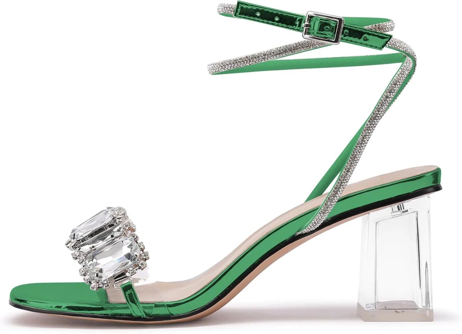 JANSEVEN Women Rhinestone Clear Sandals Crystal Transparent Heels Chunky Block Heel Mid Heel Sparkling silver Sandal with Ankle Strap Square Toe Sandals Dress Shoes Wedding Shoes 2.5 Inches Size 5