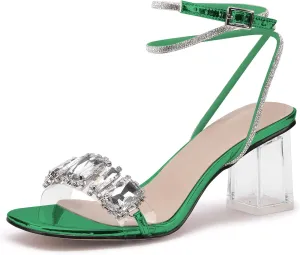 JANSEVEN Women Rhinestone Clear Sandals Crystal Transparent Heels Chunky Block Heel Mid Heel Sparkling silver Sandal with Ankle Strap Square Toe Sandals Dress Shoes Wedding Shoes 2.5 Inches Size 5