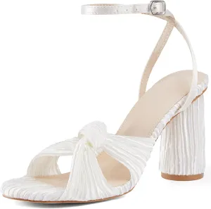 Jauoop Women's Pleated Bow Knot Heeled Sandals Open Toe Ankle Strap Block Chunky Heel Slides Bridal Wedding Dress Shoes