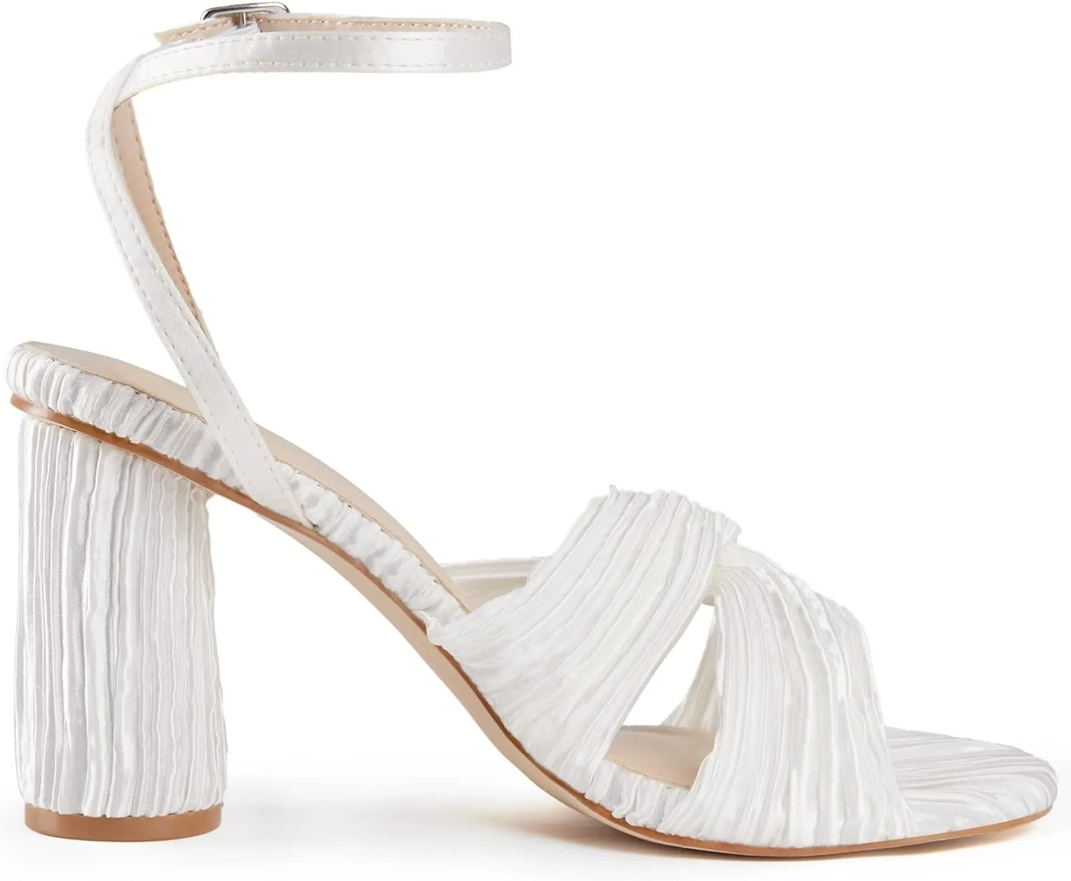Jauoop Women's Pleated Bow Knot Heeled Sandals Open Toe Ankle Strap Block Chunky Heel Slides Bridal Wedding Dress Shoes