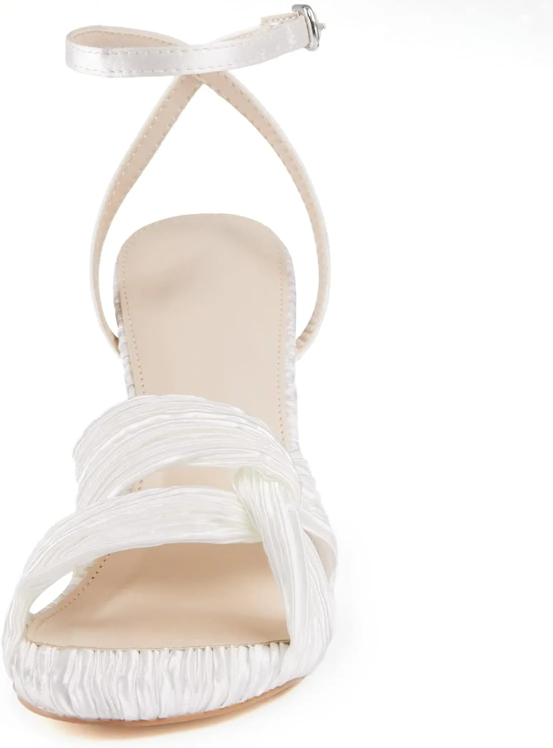 Jauoop Women's Pleated Bow Knot Heeled Sandals Open Toe Ankle Strap Block Chunky Heel Slides Bridal Wedding Dress Shoes