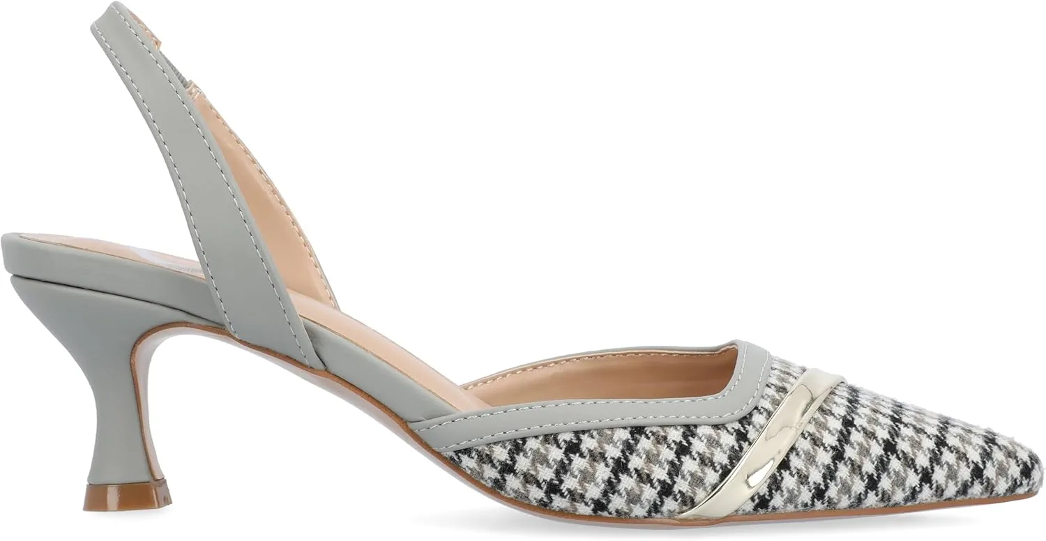 Journee Womens Slip On Mule Houndstooth Kitten Heel Slingback Closed Pointed Toe Nellia Padded Pump