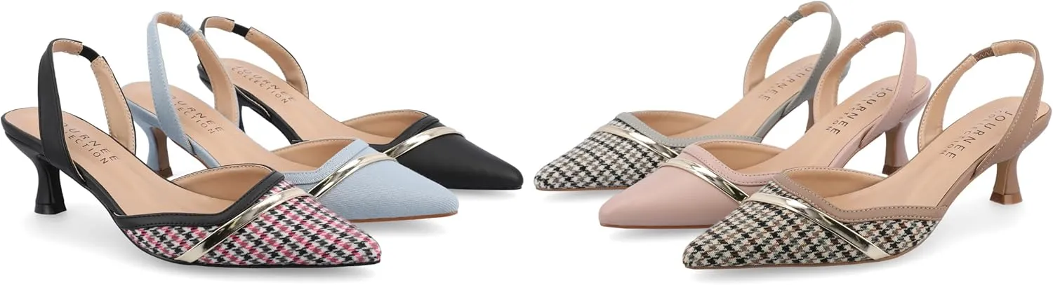 Journee Womens Slip On Mule Houndstooth Kitten Heel Slingback Closed Pointed Toe Nellia Padded Pump