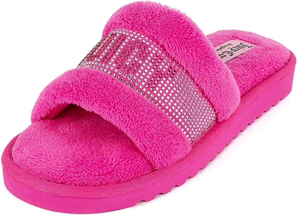 Juicy Couture Women's Plush Faux Fur Slippers – Cozy Open-Toe Slides, Soft Indoor/Outdoor House Shoes