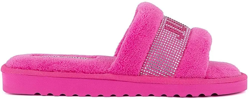 Juicy Couture Women's Plush Faux Fur Slippers – Cozy Open-Toe Slides, Soft Indoor/Outdoor House Shoes