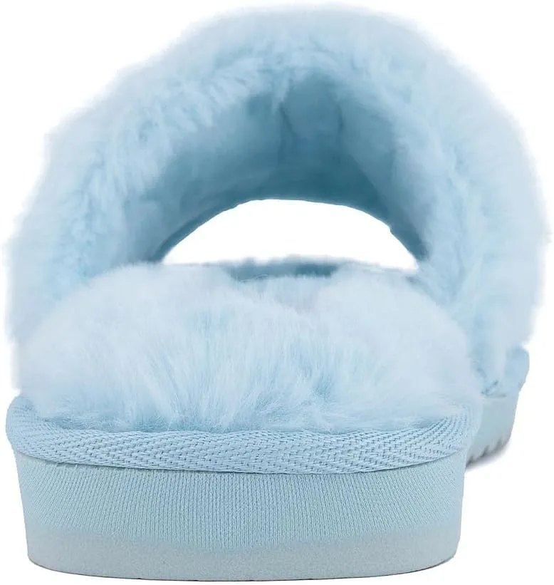 Juicy Couture Women's Plush Faux Fur Slippers – Cozy Open-Toe Slides, Soft Indoor/Outdoor House Shoes