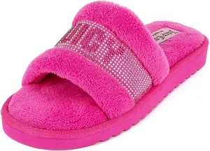 Juicy Couture Women's Plush Faux Fur Slippers – Cozy Open-Toe Slides, Soft Indoor/Outdoor House Shoes