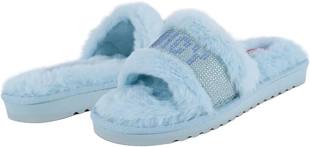 Juicy Couture Women's Plush Faux Fur Slippers – Cozy Open-Toe Slides, Soft Indoor/Outdoor House Shoes