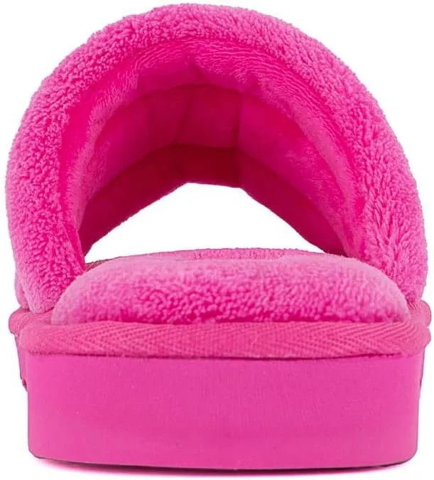 Juicy Couture Women's Plush Faux Fur Slippers – Cozy Open-Toe Slides, Soft Indoor/Outdoor House Shoes