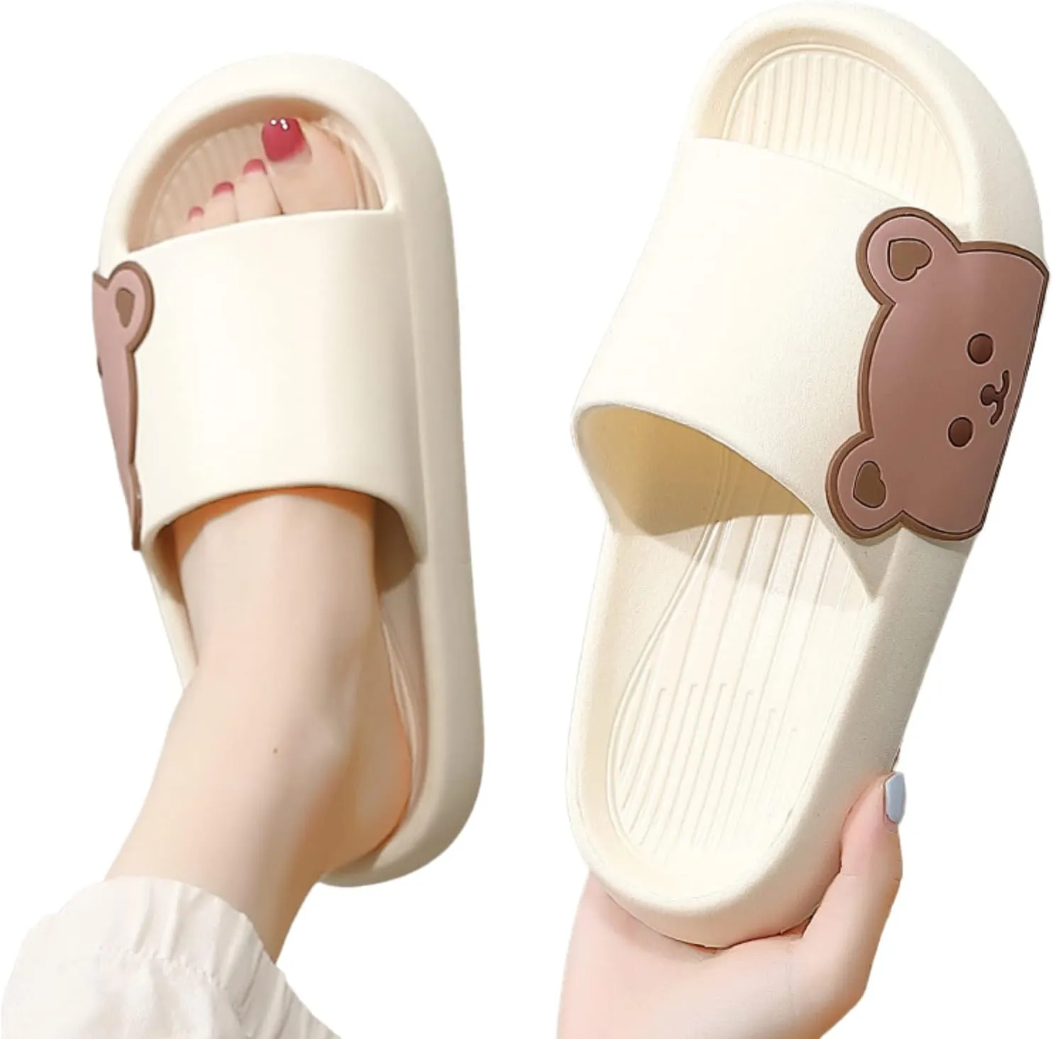 Kawaii Bear House Slippers for Women Teen Girls Cute Summer Slides Sandals Shower Slippers for Indoor Home Bedroom Outdoor Beach Pool Spa Soft EVA Comfortable Non-Slip (Fit 6.5-7, White)