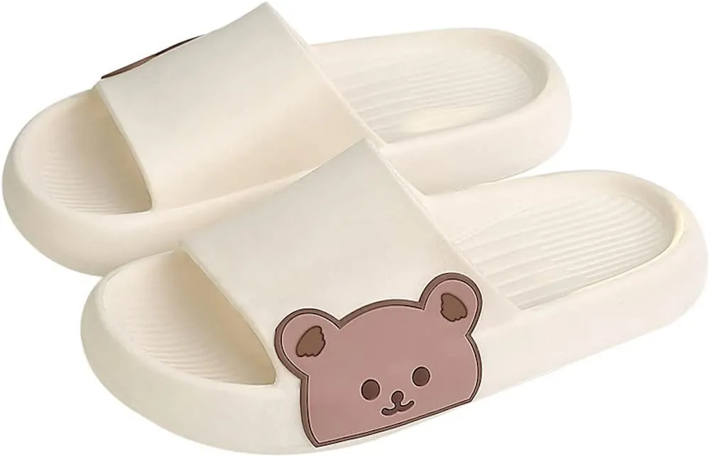 Kawaii Bear House Slippers for Women Teen Girls Cute Summer Slides Sandals Shower Slippers for Indoor Home Bedroom Outdoor Beach Pool Spa Soft EVA Comfortable Non-Slip (Fit 6.5-7, White)