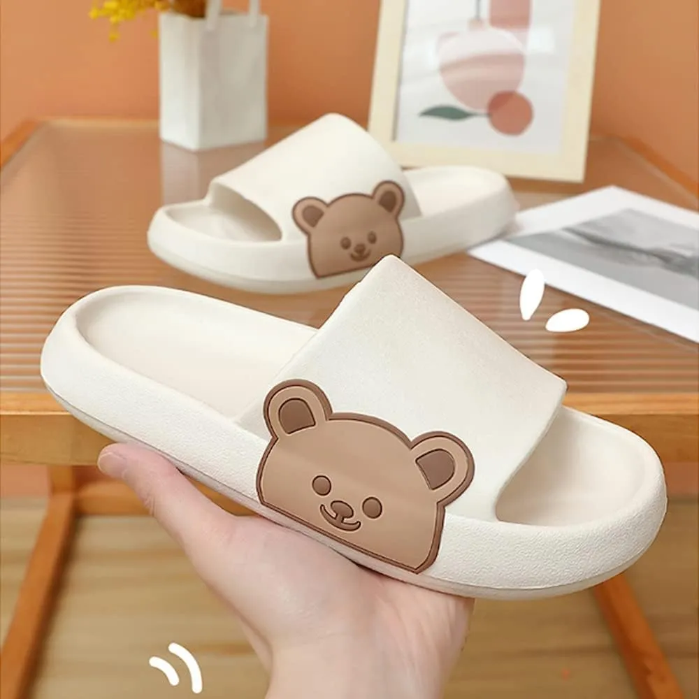 Kawaii Bear House Slippers for Women Teen Girls Cute Summer Slides Sandals Shower Slippers for Indoor Home Bedroom Outdoor Beach Pool Spa Soft EVA Comfortable Non-Slip (Fit 6.5-7, White)