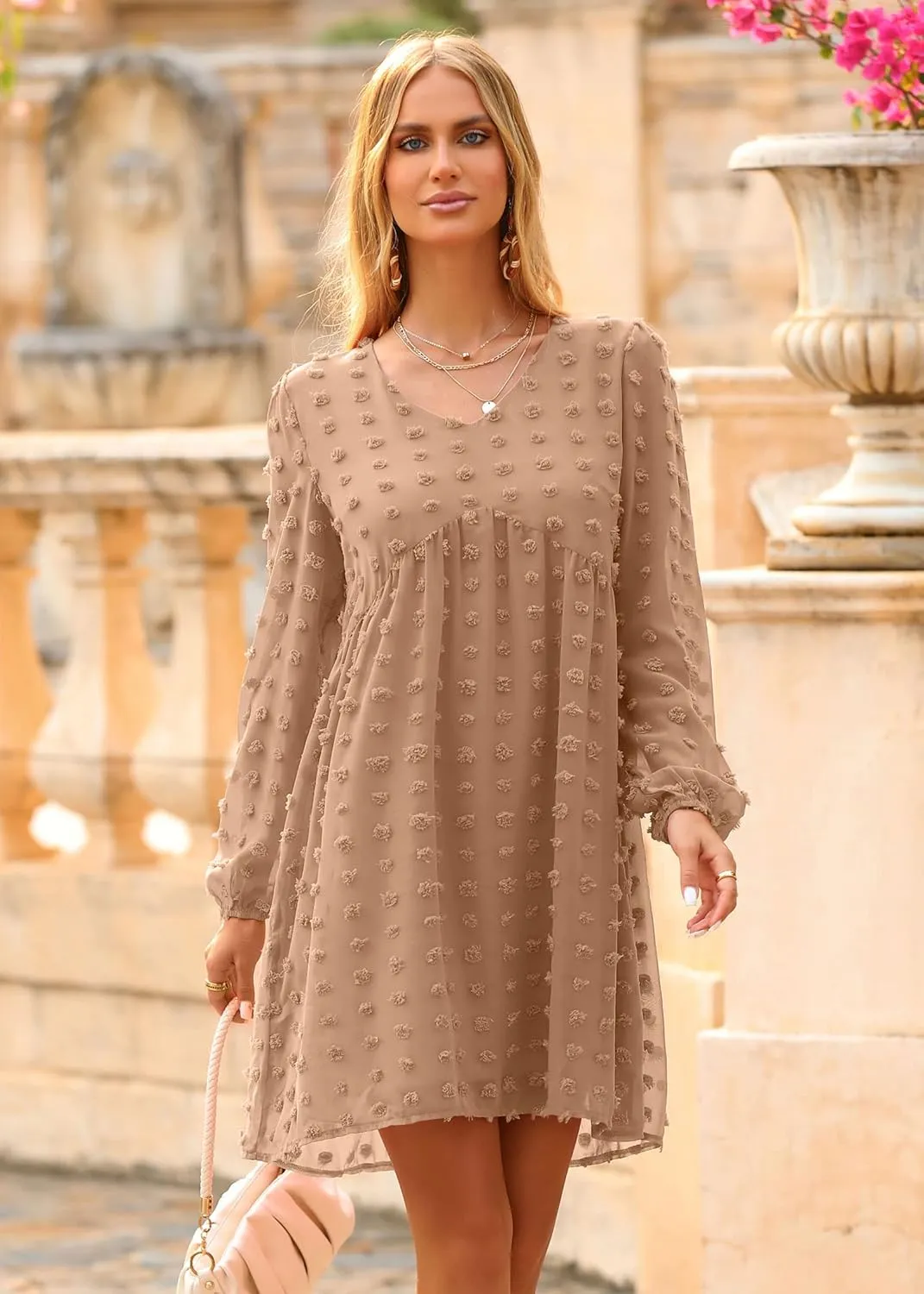 KIRUNDO Womens Dresses 2024 Spring Summer Long Sleeve Mini Dress V Neck Flowy Casual Swiss Dot Loose Babydoll Dress