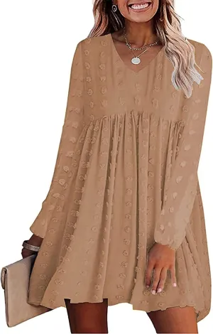 KIRUNDO Womens Dresses 2024 Spring Summer Long Sleeve Mini Dress V Neck Flowy Casual Swiss Dot Loose Babydoll Dress