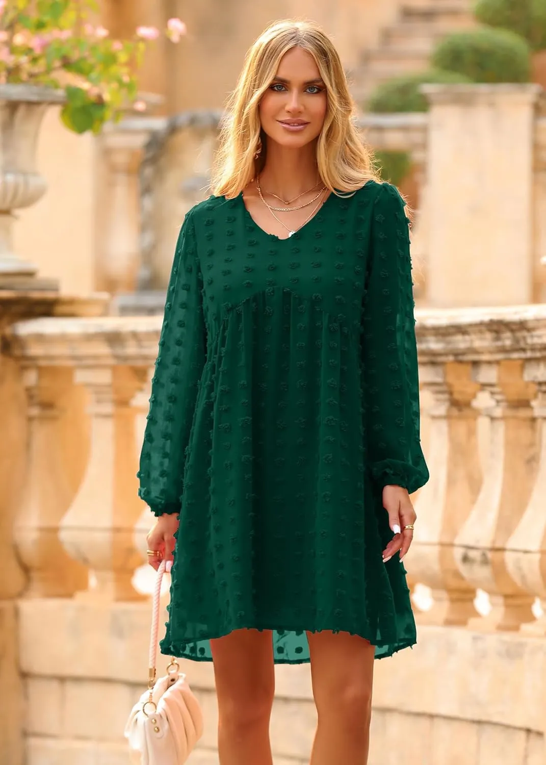 KIRUNDO Womens Dresses 2024 Spring Summer Long Sleeve Mini Dress V Neck Flowy Casual Swiss Dot Loose Babydoll Dress