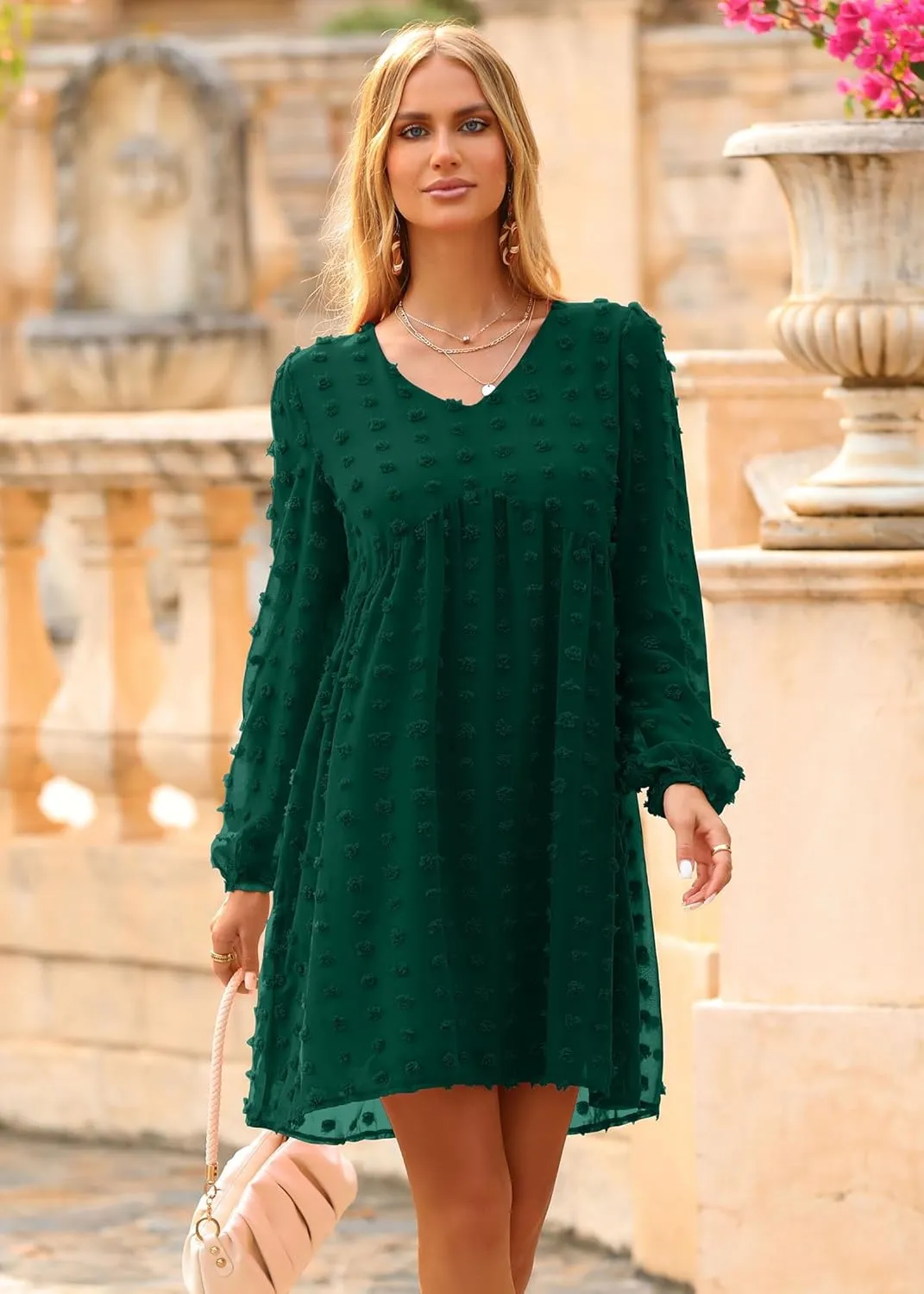 KIRUNDO Womens Dresses 2024 Spring Summer Long Sleeve Mini Dress V Neck Flowy Casual Swiss Dot Loose Babydoll Dress