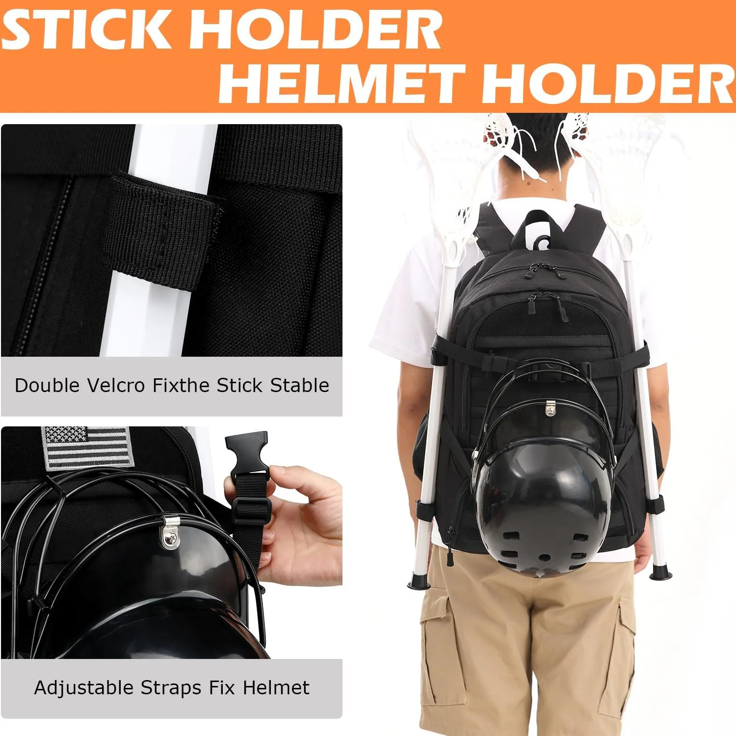 Lacrosse Bag with 2 Stick Holders Tactical Style Lacrosse Equipment Backpack for All Lacrosse or Field Hockey Gear