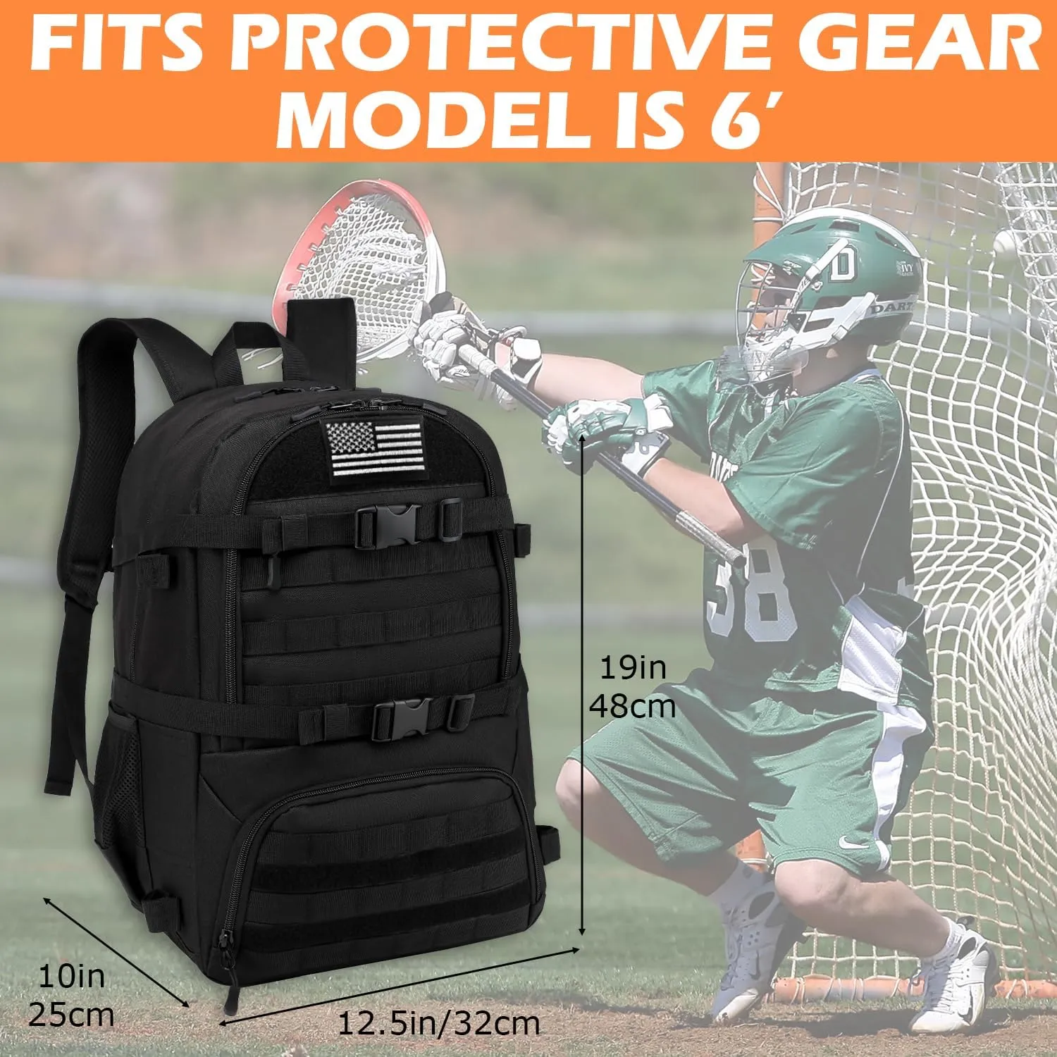 Lacrosse Bag with 2 Stick Holders Tactical Style Lacrosse Equipment Backpack for All Lacrosse or Field Hockey Gear