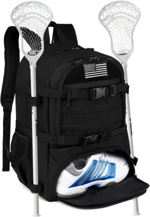 Lacrosse Bag with 2 Stick Holders Tactical Style Lacrosse Equipment Backpack for All Lacrosse or Field Hockey Gear