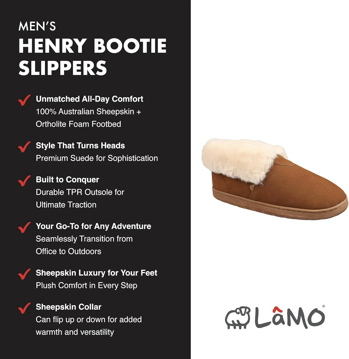 Lamo Men Henry Bootie Slippers for Men - Premium Suede Upper, Luxurious Faux Fur Lining, Ortholite Foam Footbed with Australian Sheepskin - Stylish for Indoor Outdoor Use (Chestnut)