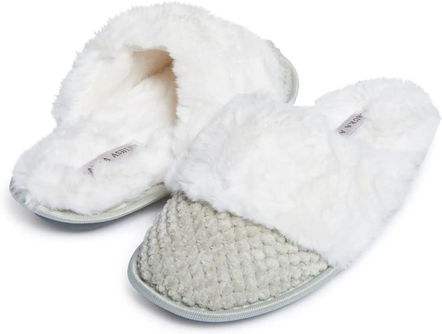 Laura Ashley Womens Plush Memory Foam Wide Collar Fleece Spa Scuff Slippers, Fuzzy Warm Faux Fur Slip On House Shoes Slipper