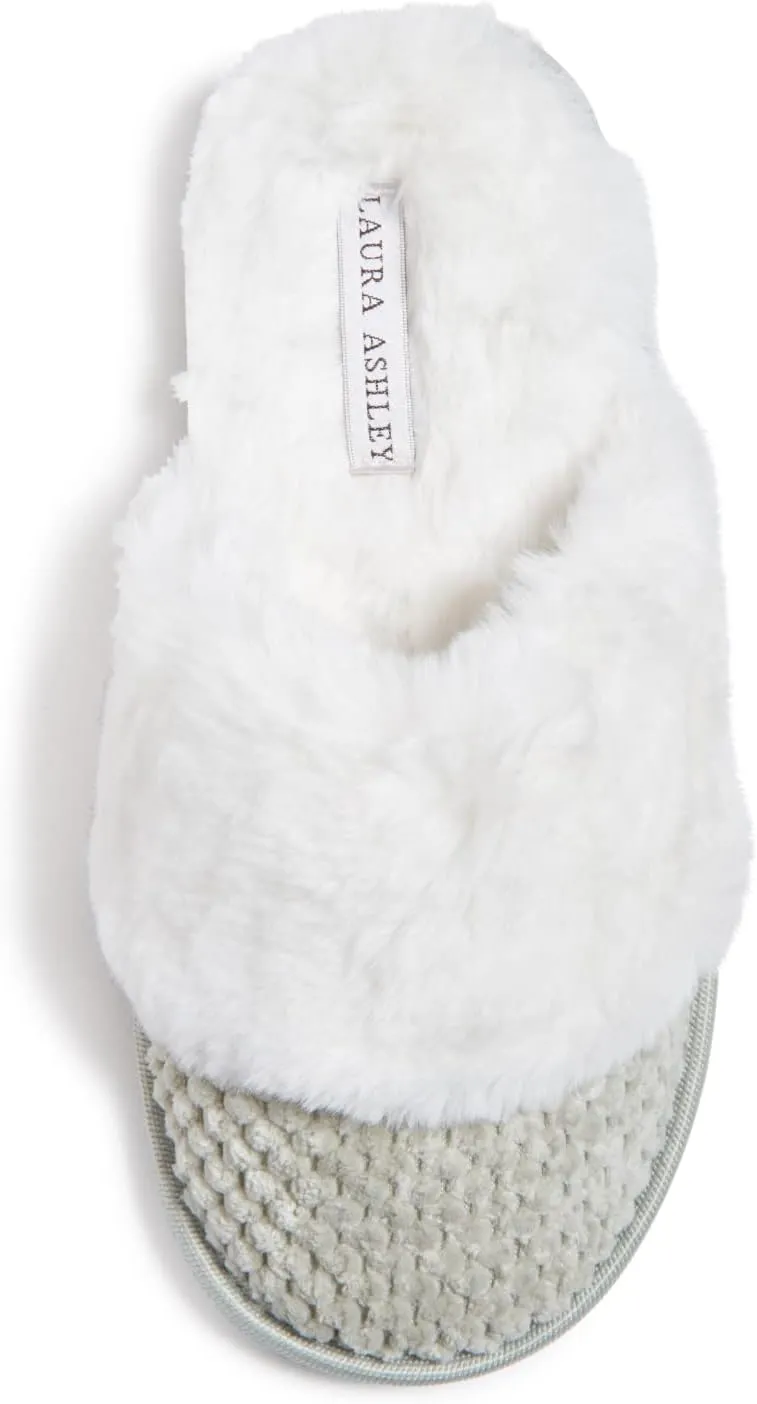 Laura Ashley Womens Plush Memory Foam Wide Collar Fleece Spa Scuff Slippers, Fuzzy Warm Faux Fur Slip On House Shoes Slipper