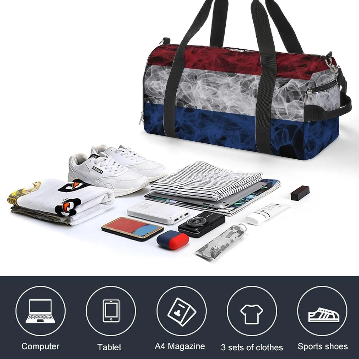 Lightweight Netherlands Flag Smoke Style Duffle Bag with Shoe Compartment and Wet Pocket for Gym