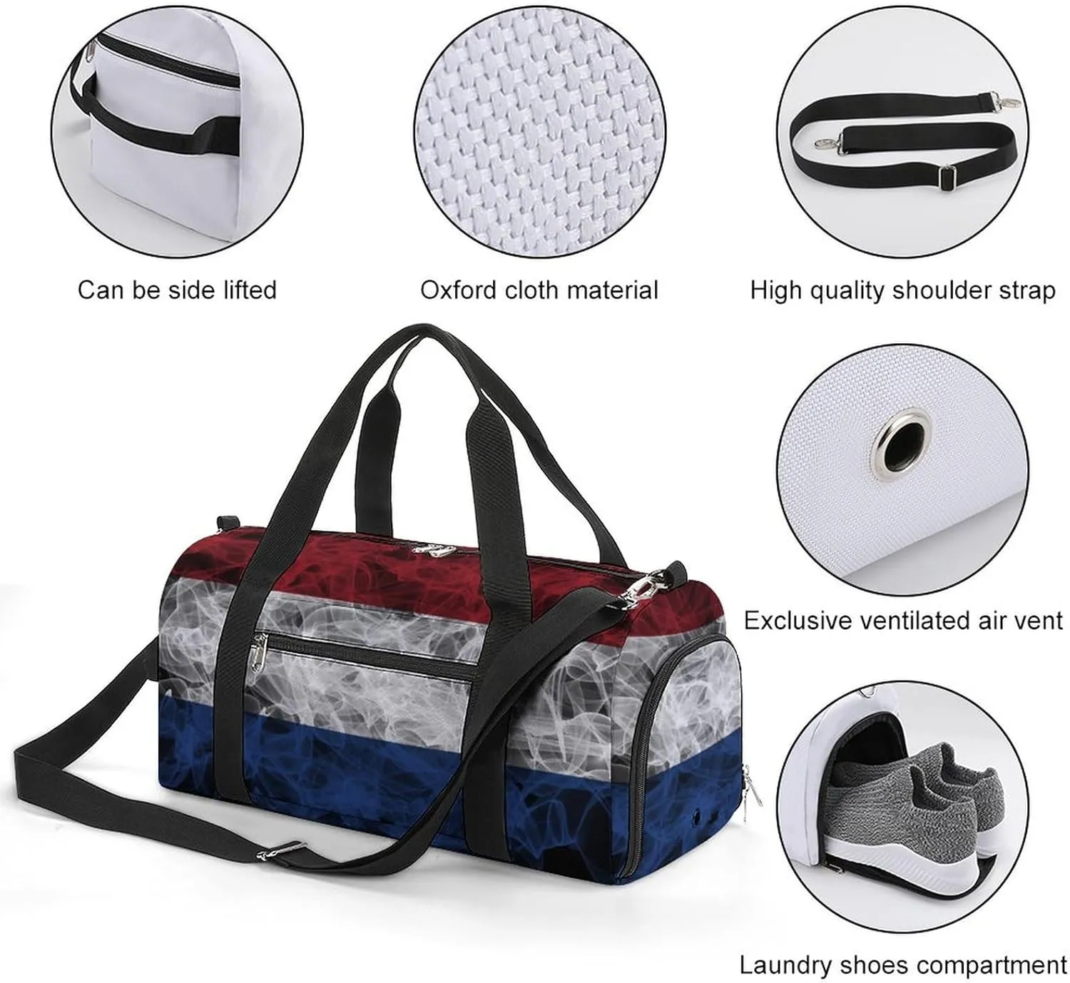 Lightweight Netherlands Flag Smoke Style Duffle Bag with Shoe Compartment and Wet Pocket for Gym