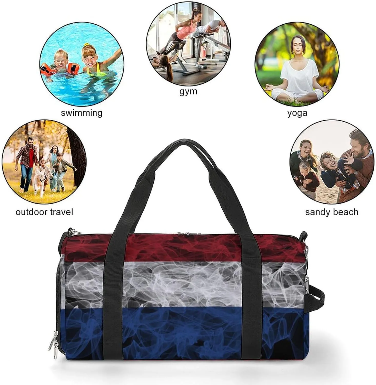 Lightweight Netherlands Flag Smoke Style Duffle Bag with Shoe Compartment and Wet Pocket for Gym