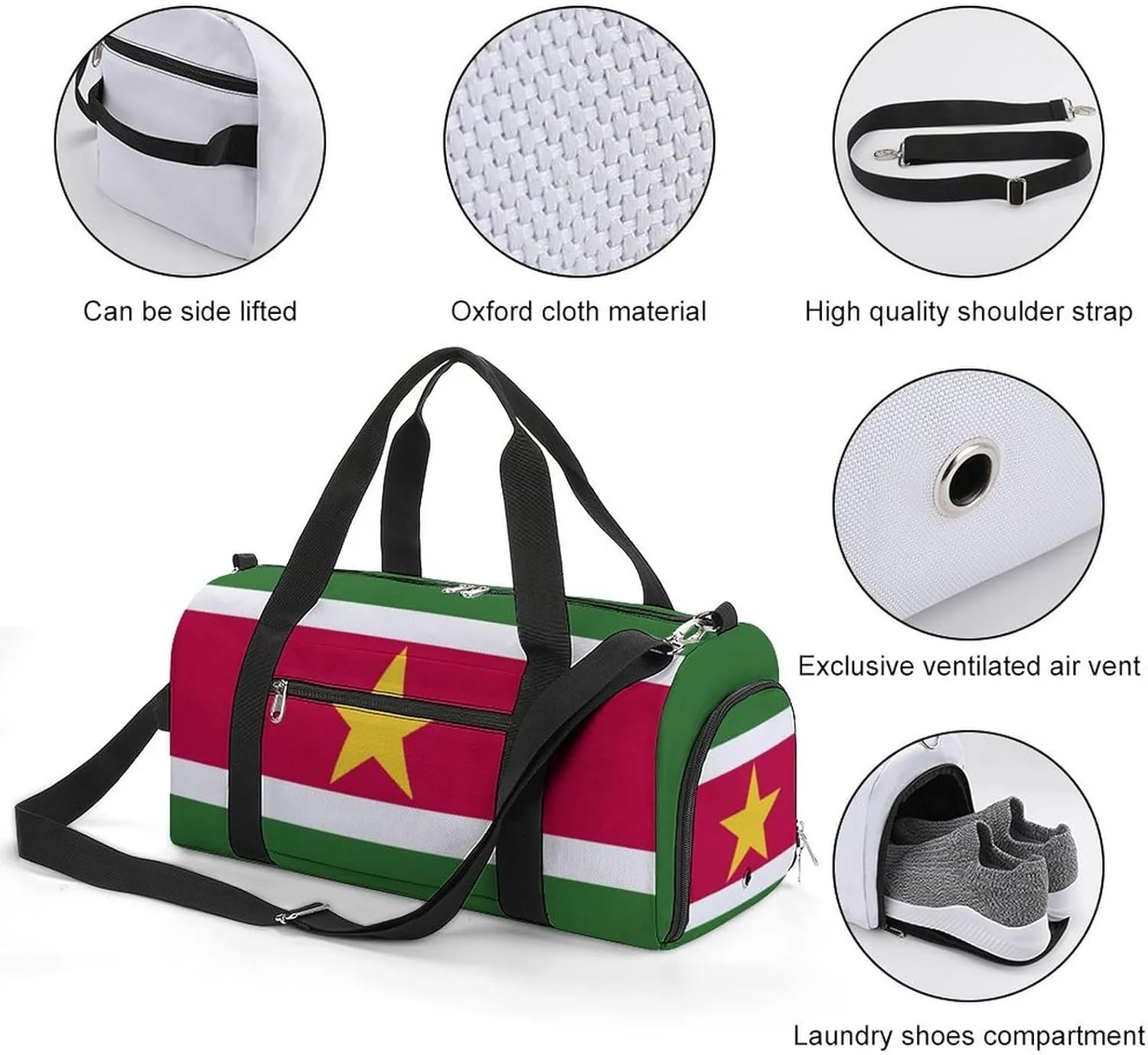Lightweight Suriname Flag Sports Duffel Bag for Men Women Shoe Compartment