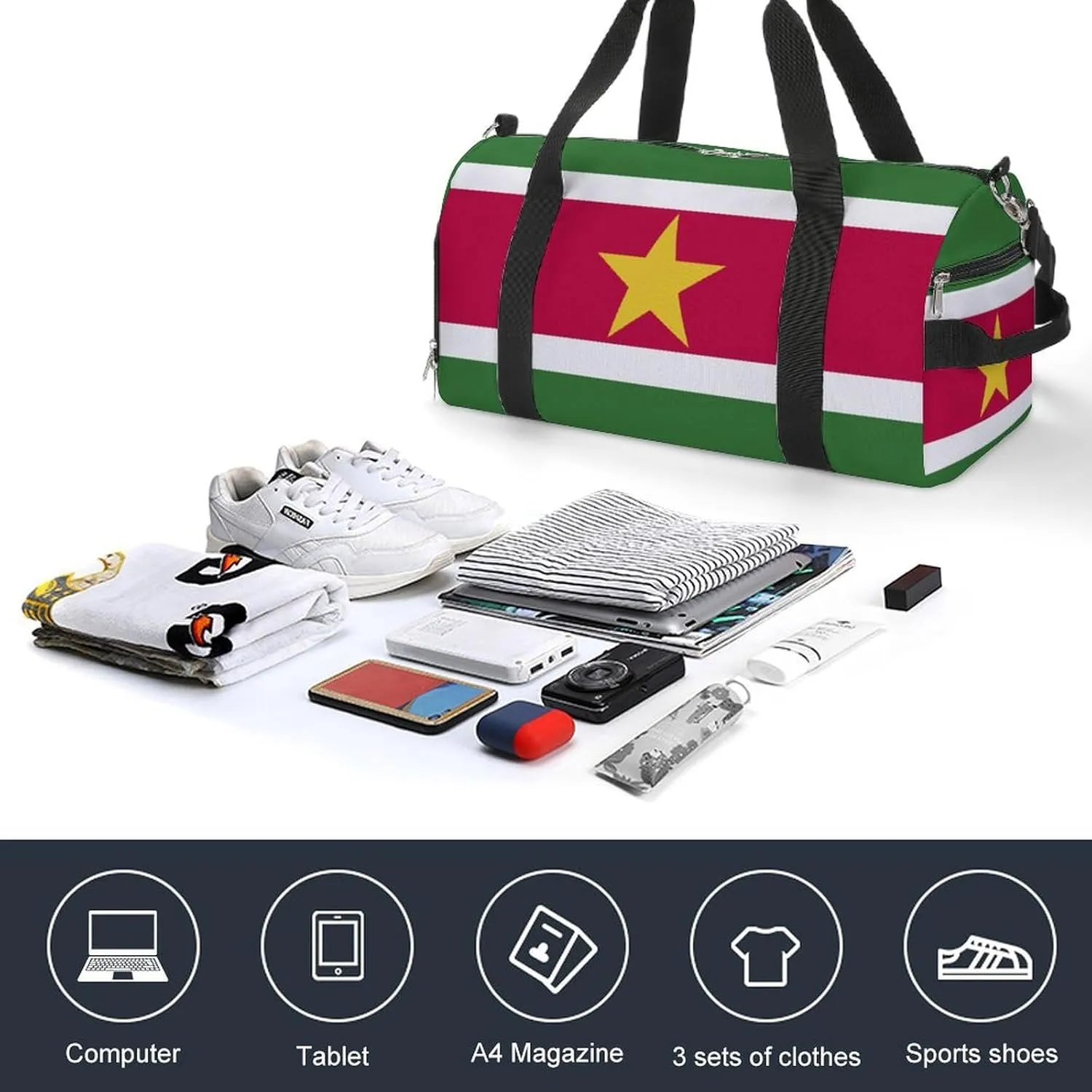 Lightweight Suriname Flag Sports Duffel Bag for Men Women Shoe Compartment