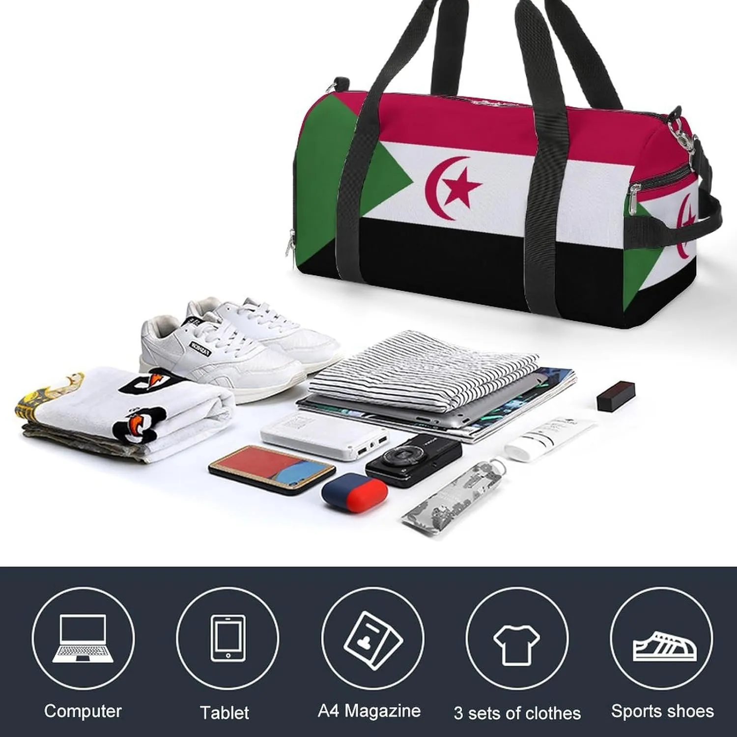 Lightweight Western Sahara Flag Sports Duffel Bag for Men Women Shoe Compartment