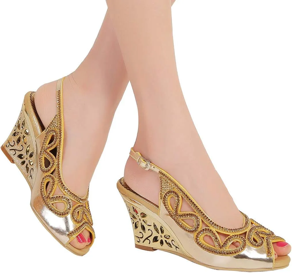 LizFoYa Women Cutout Crystal Evening Slingback Pumps Peep Toe Bridal Wedge Sandals