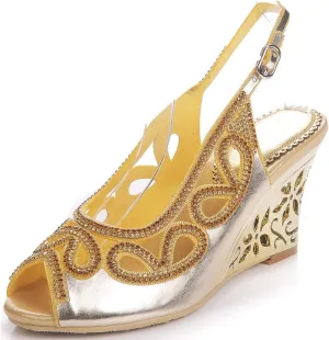 LizFoYa Women Cutout Crystal Evening Slingback Pumps Peep Toe Bridal Wedge Sandals