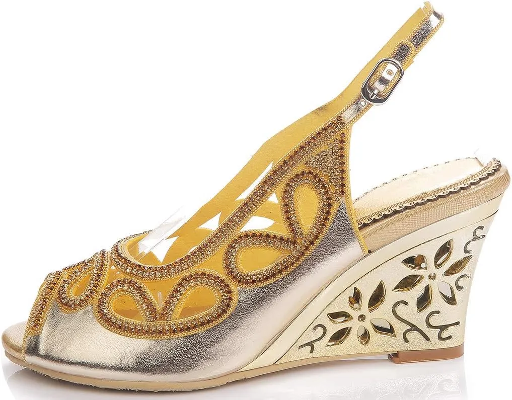 LizFoYa Women Cutout Crystal Evening Slingback Pumps Peep Toe Bridal Wedge Sandals