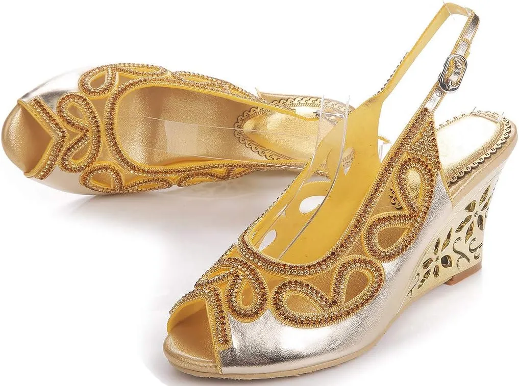 LizFoYa Women Cutout Crystal Evening Slingback Pumps Peep Toe Bridal Wedge Sandals