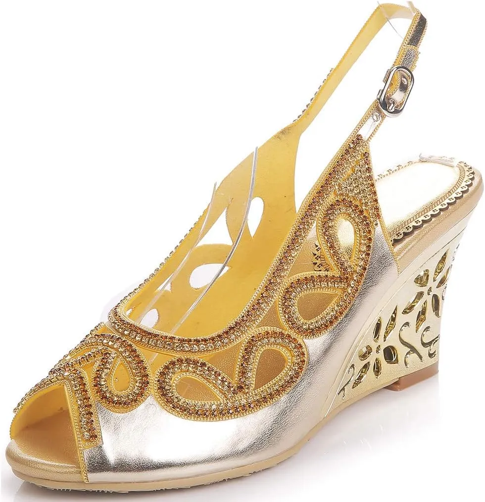 LizFoYa Women Cutout Crystal Evening Slingback Pumps Peep Toe Bridal Wedge Sandals