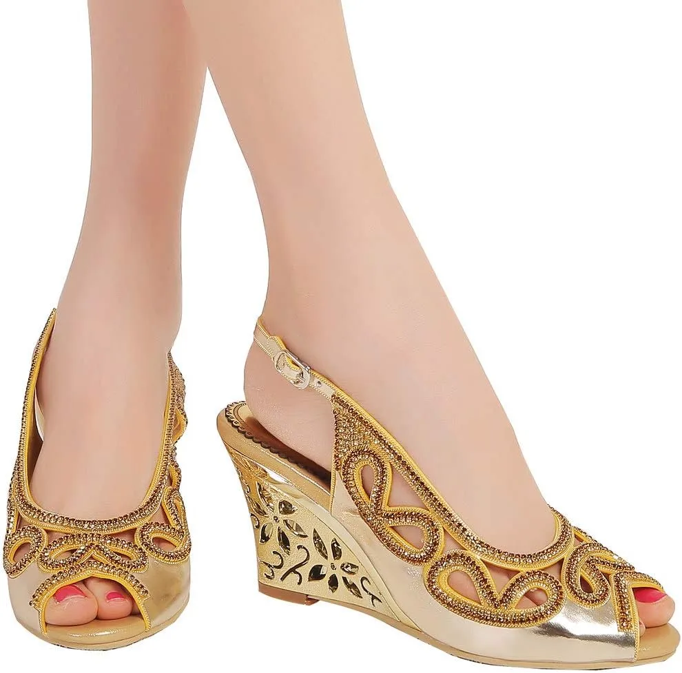 LizFoYa Women Cutout Crystal Evening Slingback Pumps Peep Toe Bridal Wedge Sandals