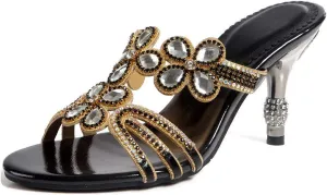 LizFoYa Women Rhinestone Handmade Sandals Flowers Cut-Out Slip On Dress Kitten Heels
