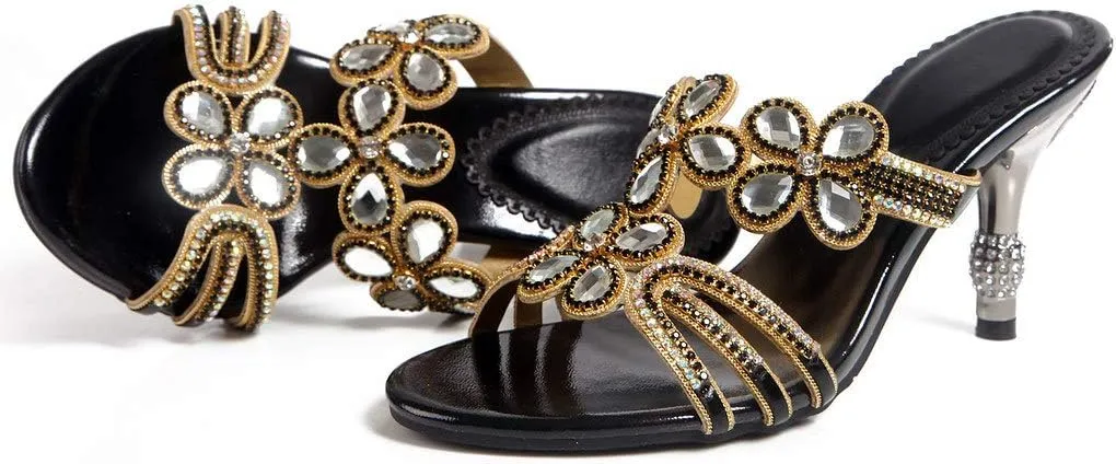LizFoYa Women Rhinestone Handmade Sandals Flowers Cut-Out Slip On Dress Kitten Heels